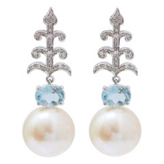 14.5 Mm Pearls, Aquamarine Colour Topaz, Diamonds, 14 Kt White Gold Earrings.