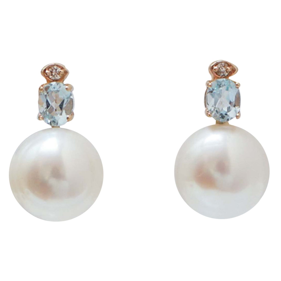 Pendientes de Topacios de Color Aguamarina, Diamantes, Perlas, Oro Rosa de 14 Kilates.