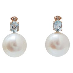 Aquamarine Colour Topazs, Diamonds, Pearls, 14 Karat Rose Gold Earrings.