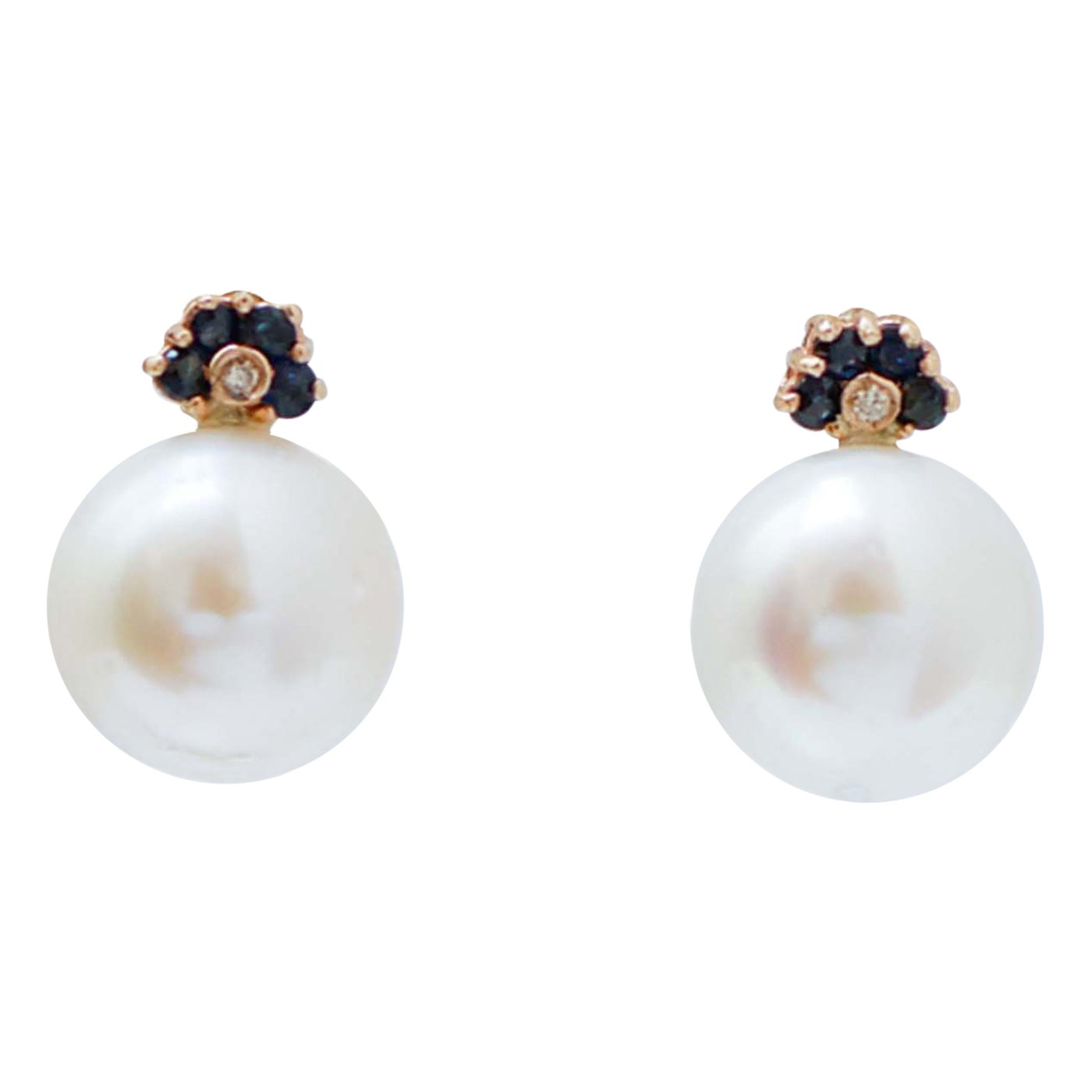 11 Mm White Pearls, Sapphires, Diamonds, 14 Karat Rose Gold Earrings.