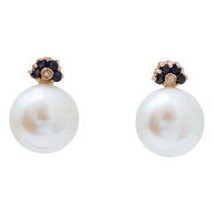 11 Mm White Pearls, Sapphires, Diamonds, 14 Karat Rose Gold Earrings.
