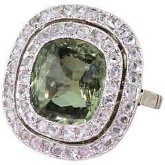4.70 Carat Natural Green Sapphire Halo Rose Cut Diamond Ring