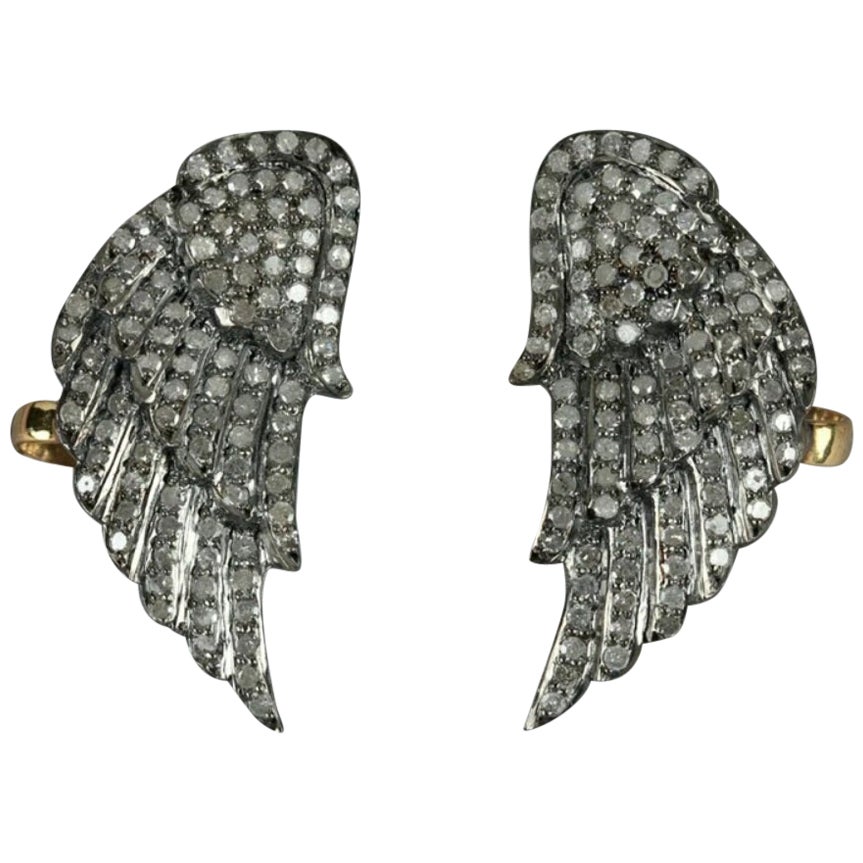 Genuine Pave Diamond Angel Wings Ear Cuff 925 Silver Ear Jacket Stud Earring.