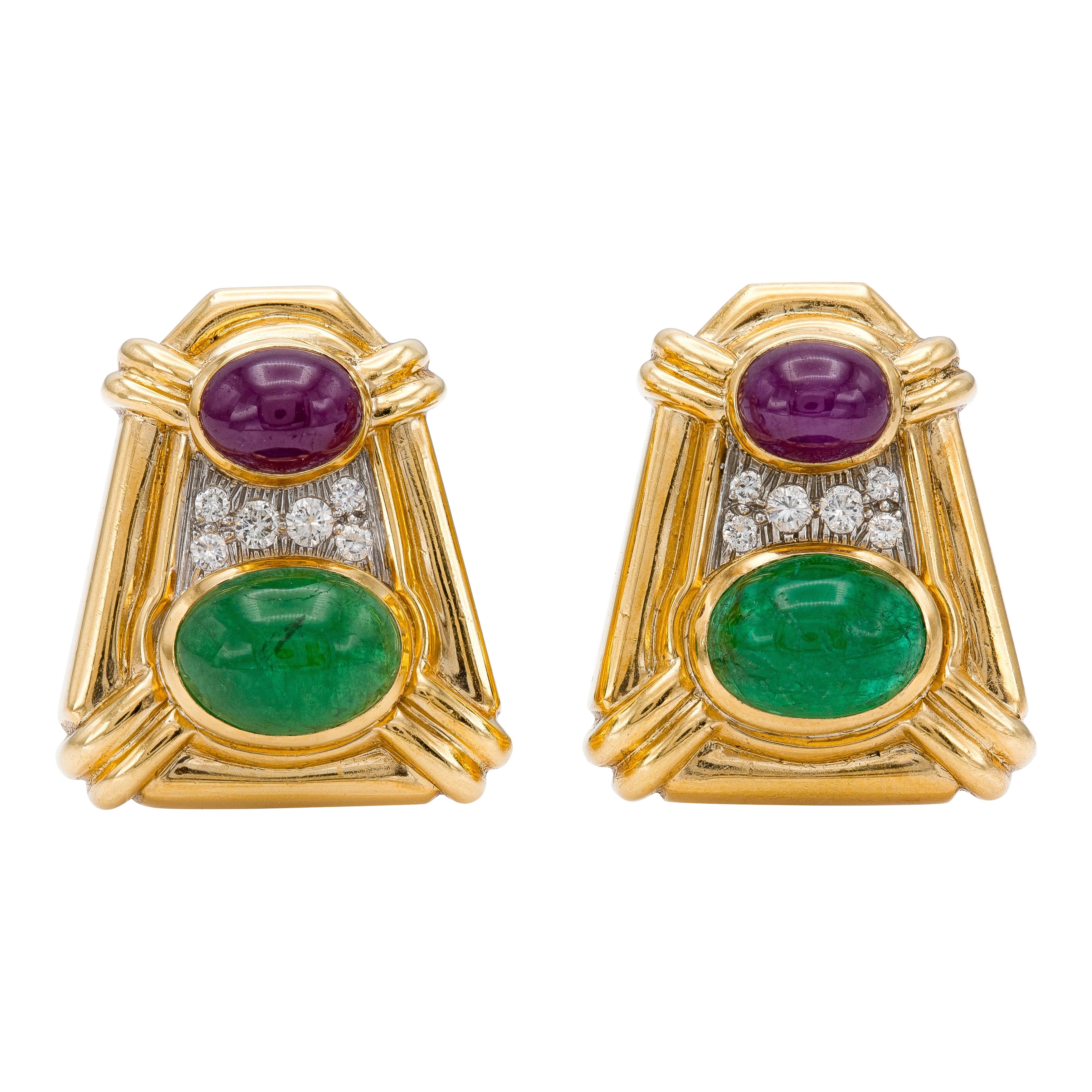 Vintage 1970s David Webb Cabochon Ruby and Emerald Earrings with Diamonds