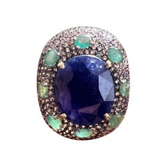 Bochic Orient Ring aus 18 Karat Gold und Silber mit natürlichem Saphir und Smaragd