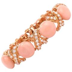 Stunning Diamond Pink Coral Gold Link Bracelet