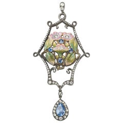 Enamel Pearl Sapphire Diamond Pendant Brooch