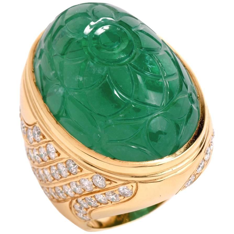 1970s Large Carved 78.46 Carat Emerald Diamond Cocktail Ring