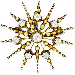 Antique Yellow Gold Old European Diamond Sunburst Convertible Brooch or Pendant