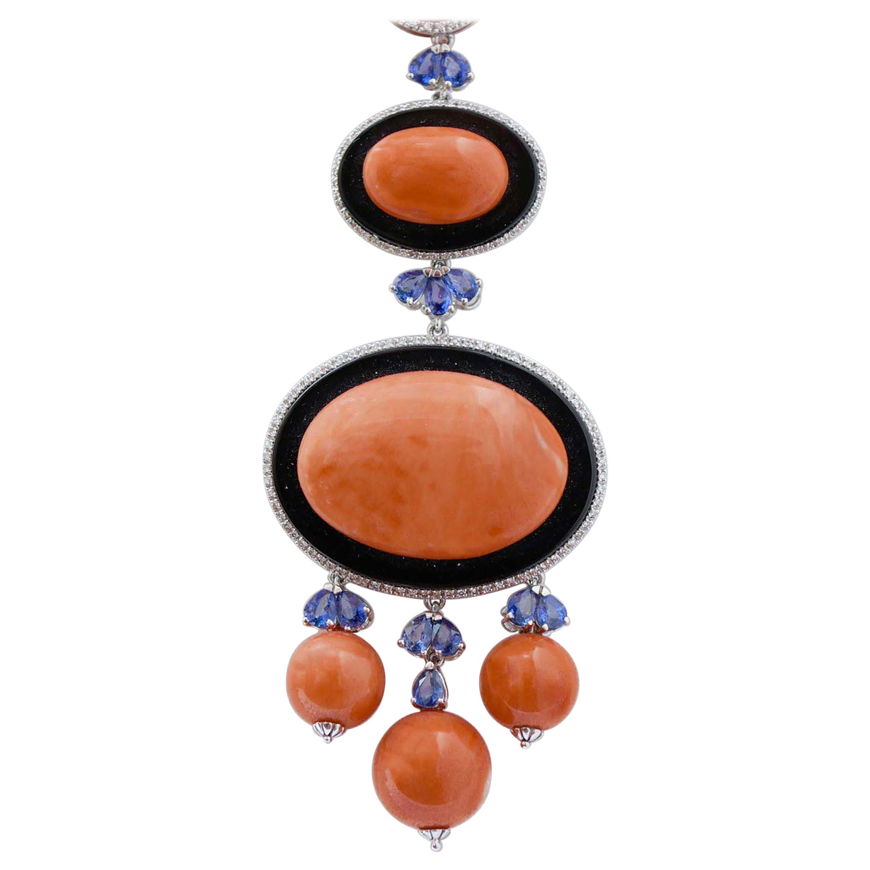 Coral, Onyx, Sapphires, Diamonds, 14 Karat White Gold Pendant Necklace.