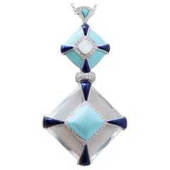Cristal de Roca, Lapis, Turquesa, Diamantes, Piedra, Colgante Oro Blanco 18 Kt Neckla