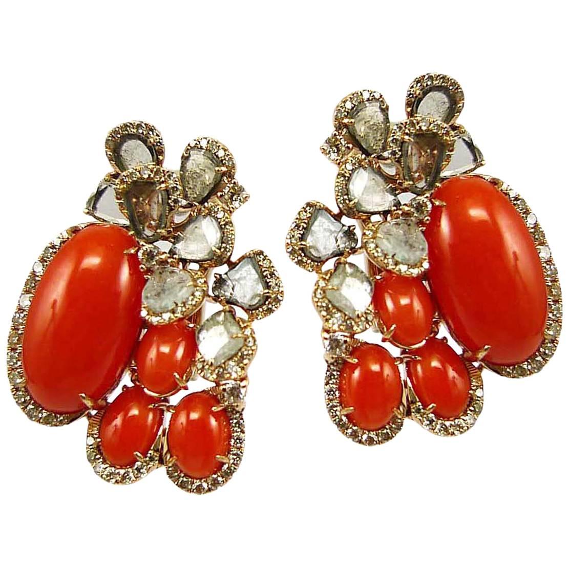 Coral Sliced Diamond Earrings For Sale
