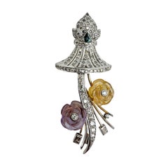 Broche florale en or blanc et jaune 18 carats avec diamant, améthyste sculptée et citrine