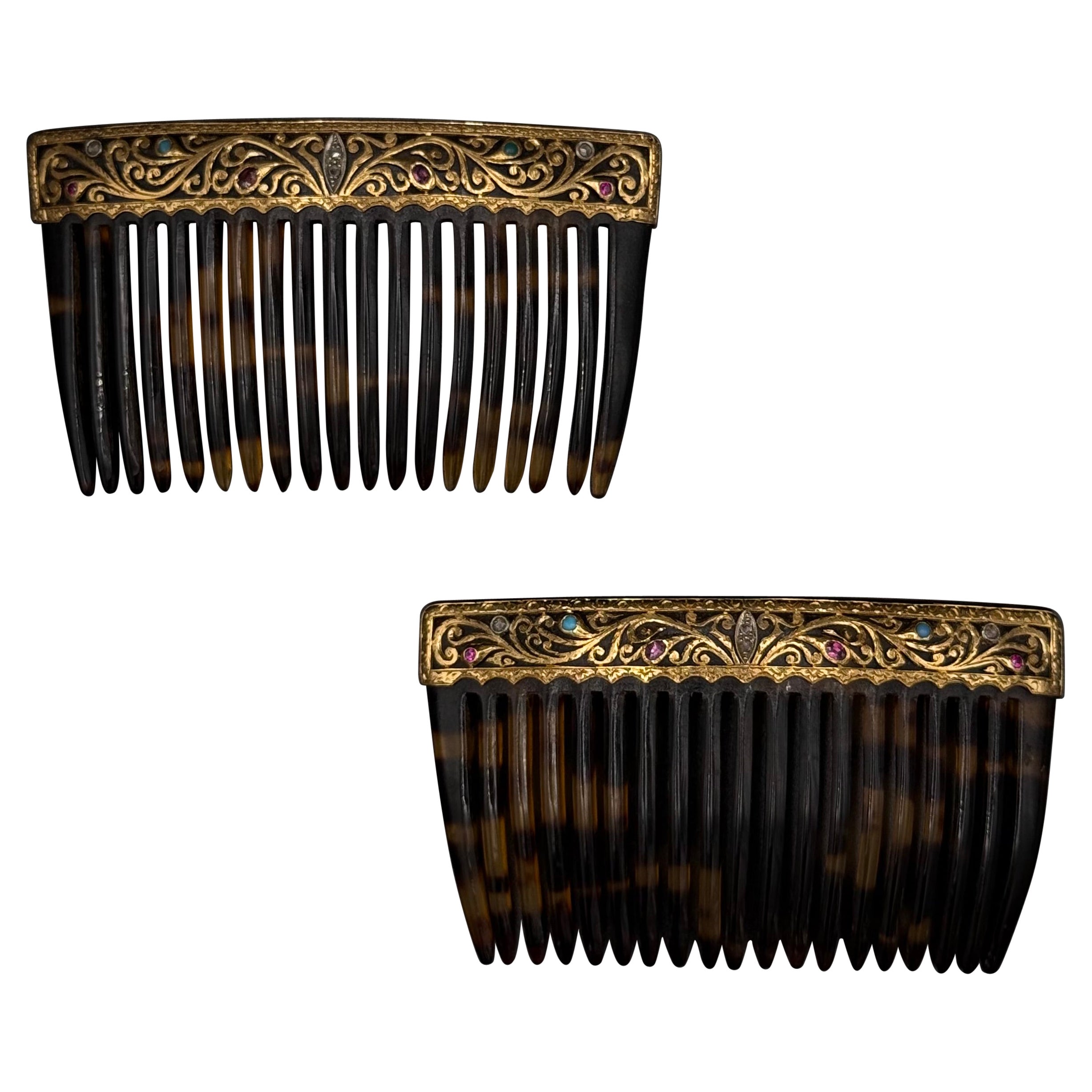 Antique 19th Century Art Nouveau Diamond Ruby Haircombs Yellow Gold Portuguese