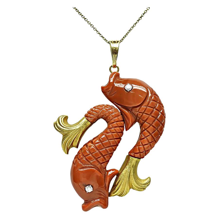 Diamond Fish Chain Estate Diamond Koi Fish Large Amazing 18 KT Pendant Chain For Sale at ...
