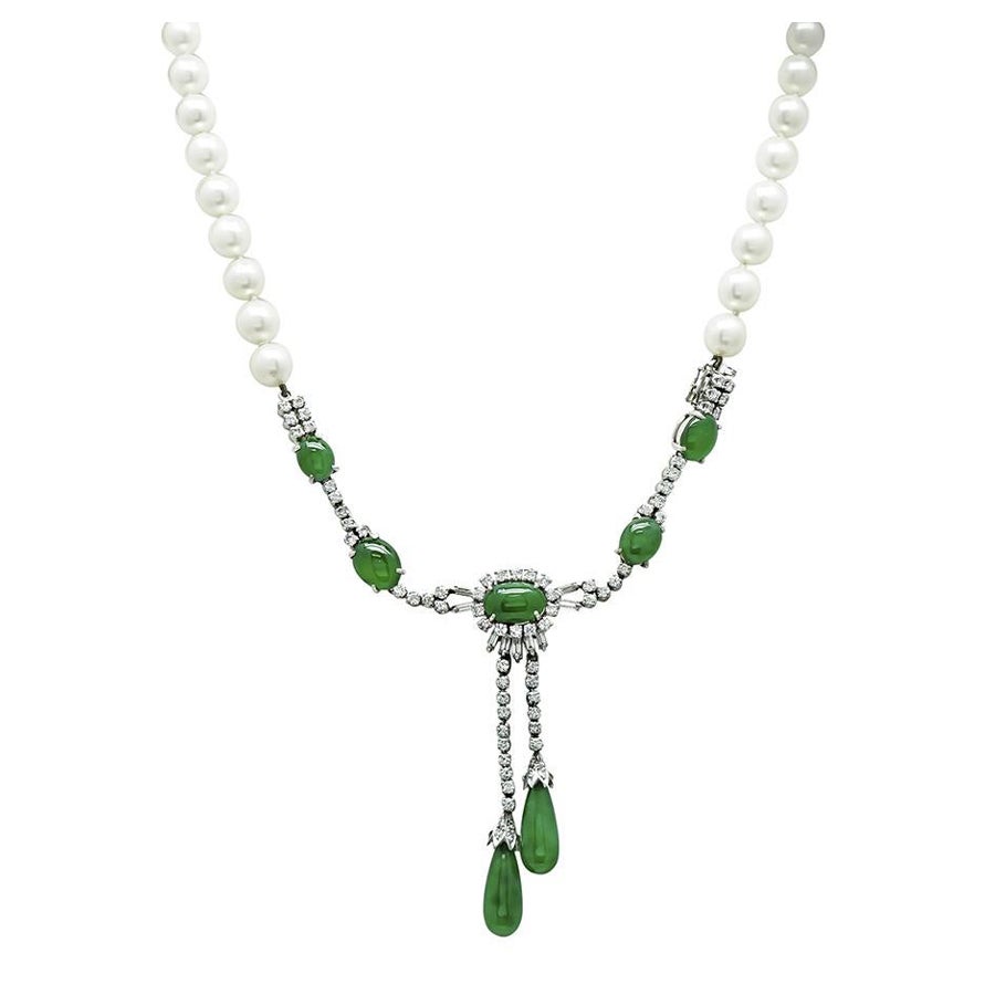 Marsh's GIA Certified A Type Fei Cui Jade 2.00ct Diamond Pearl Necklace
