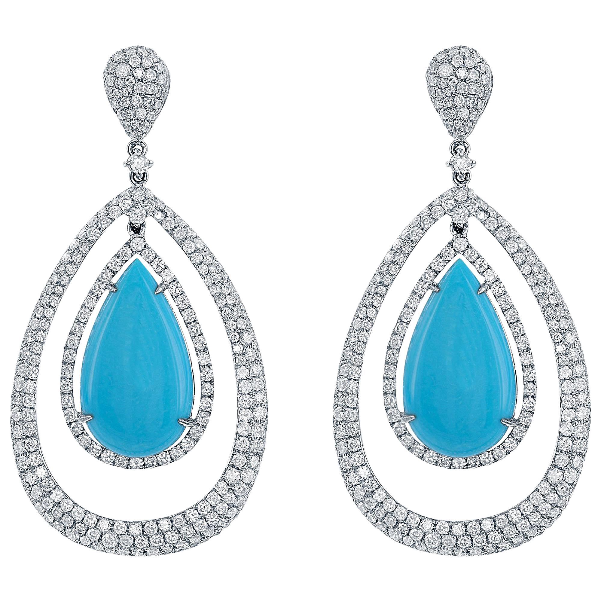 Turquoise Diamond Pave Hanging Earrings For Sale