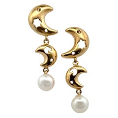 Mikimoto Pendants d'oreilles pendants en or jaune 18 carats avec perles de lune et étoiles