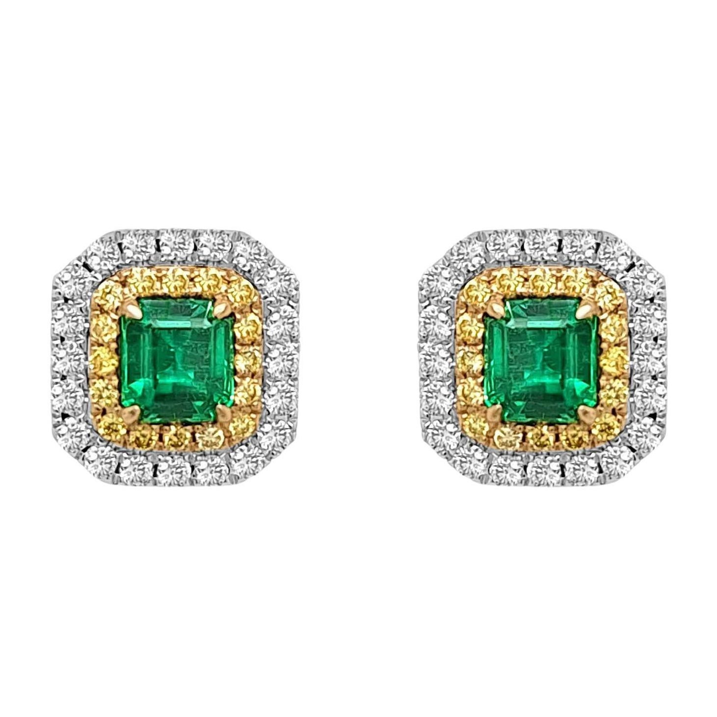 Clous d'oreilles en émeraude colombienne Muzo de 1,4 carat avec diamants jaunes et blancs