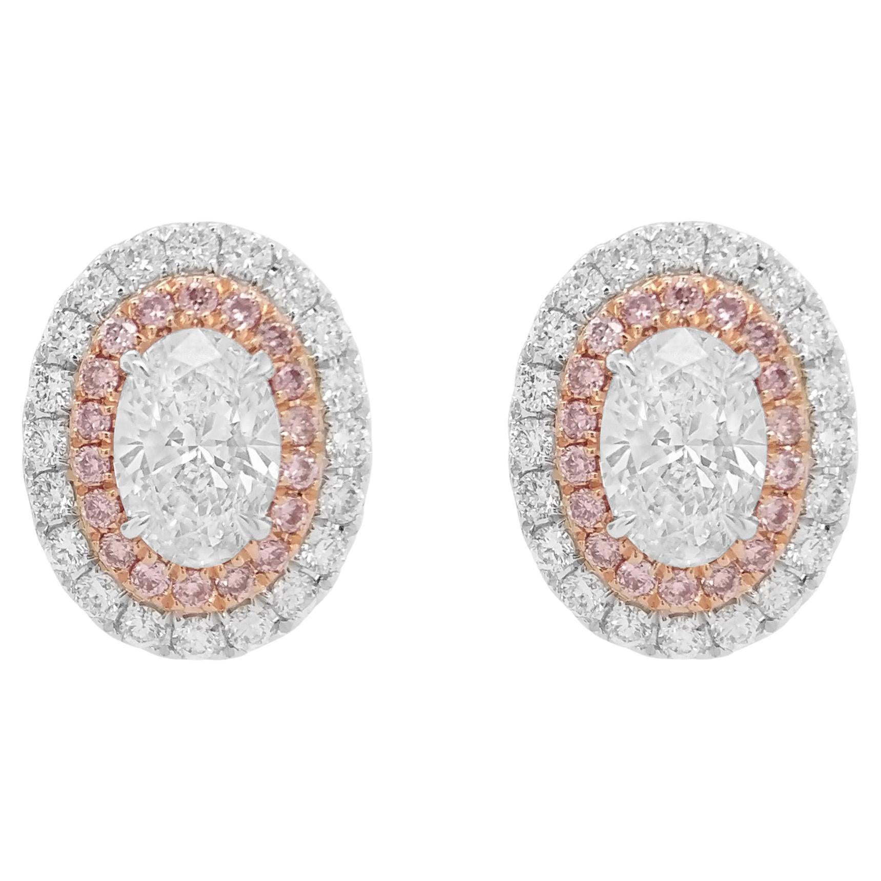 GIA Certified Oval cut White Diamond Argyle Pink Diamond 18K Gold Stud Earrings