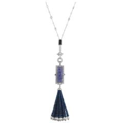 Carved Tanzanite Diamond Blue Sapphire Pearl Tassel Necklace 1