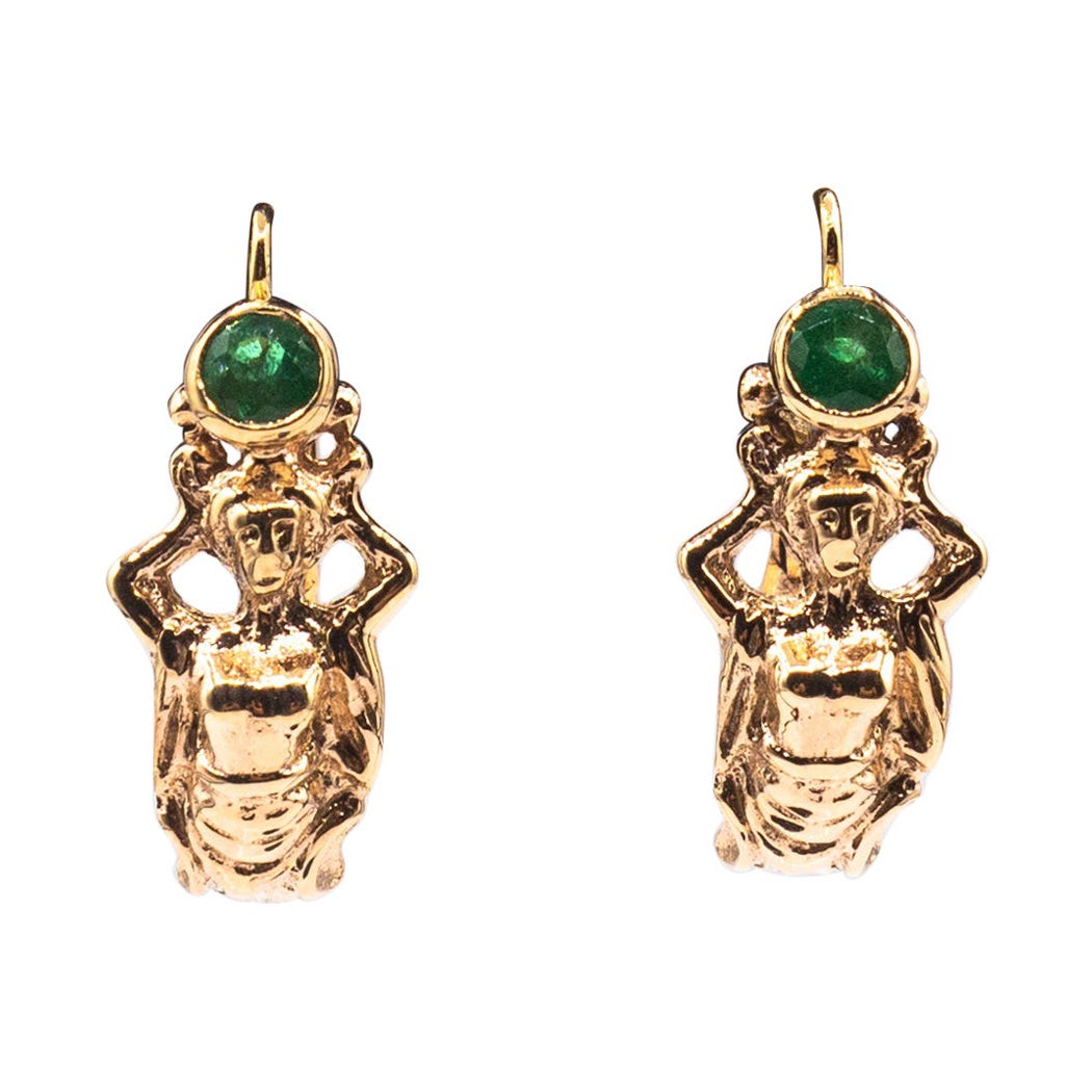 Art Nouveau Style Handcrafted Emerald Yellow Gold Lever-Back Dangle Earrings