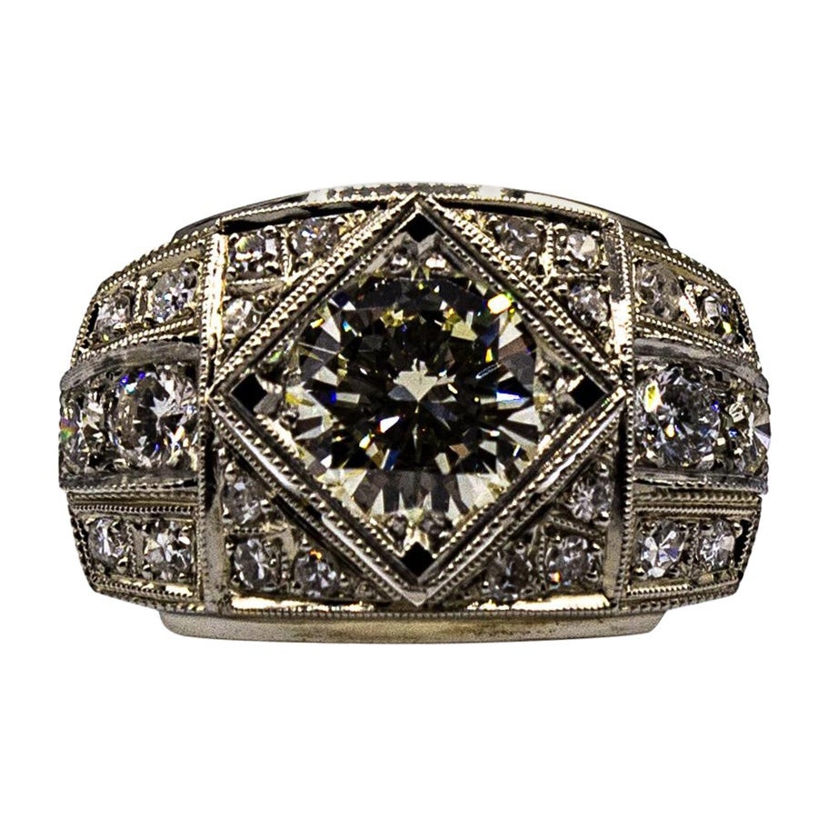 Art Deco Style 2.37 Carat White Brilliant Cut Diamond White Gold Cocktail Ring