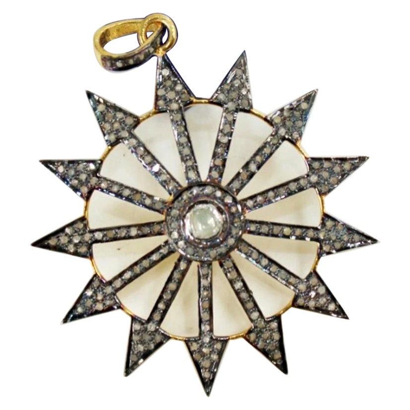 Antico ciondolo con diamante a raggiera di design Polki, ciondolo con diamante Rosecut, argento 925, Charme Antiques