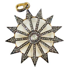 Antique Sunburst Designer Polki Diamond Pendant Rosecut Diamond 925 Silver Charm