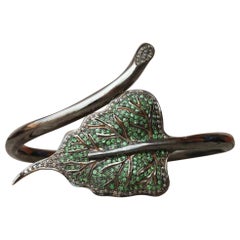 Genuine Pave Diamond Tsavorite Leaf Bracelet 925 Sterling Silver Jewelry.