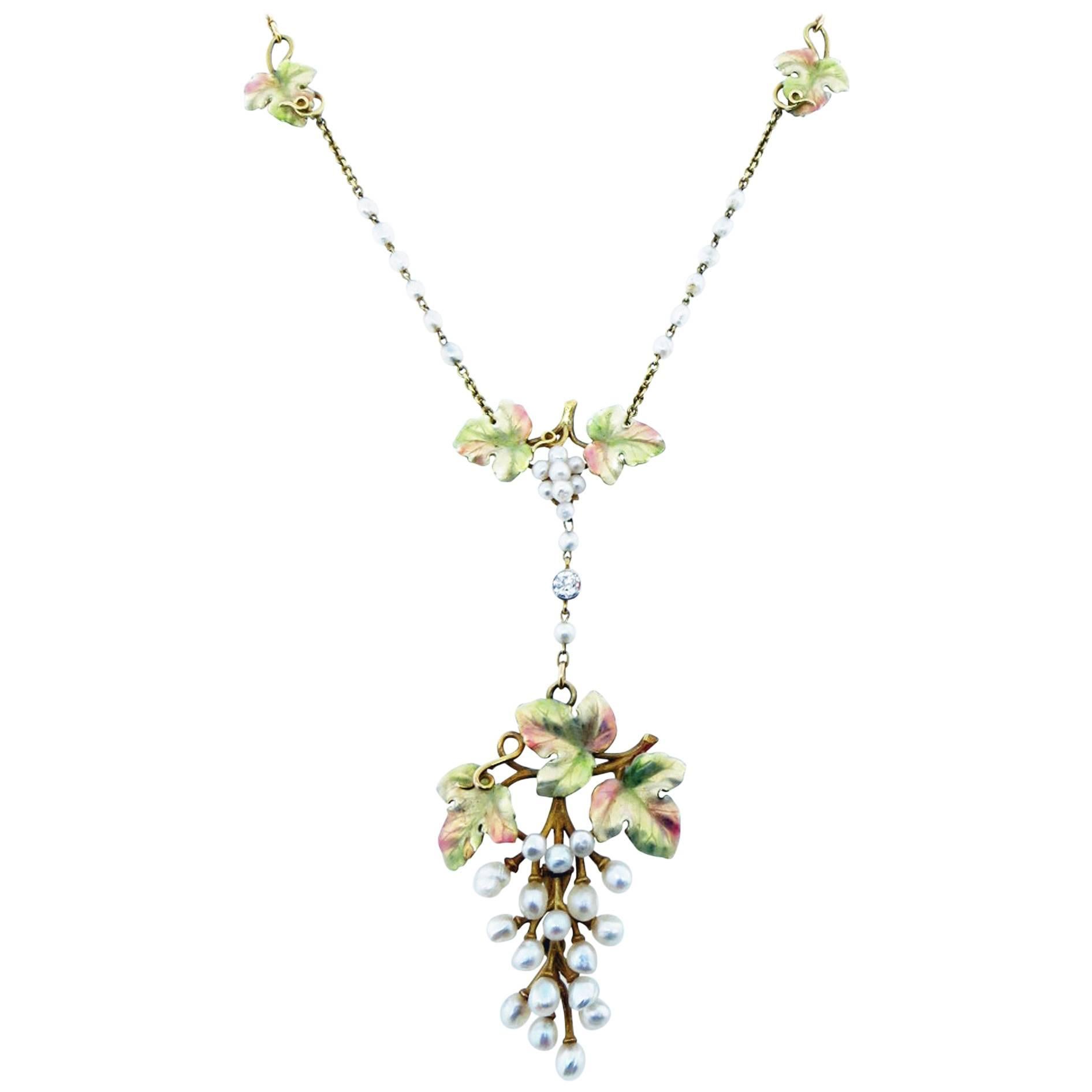 Lovely Art Nouveau Natural Pearl Enamel and Diamond Necklace