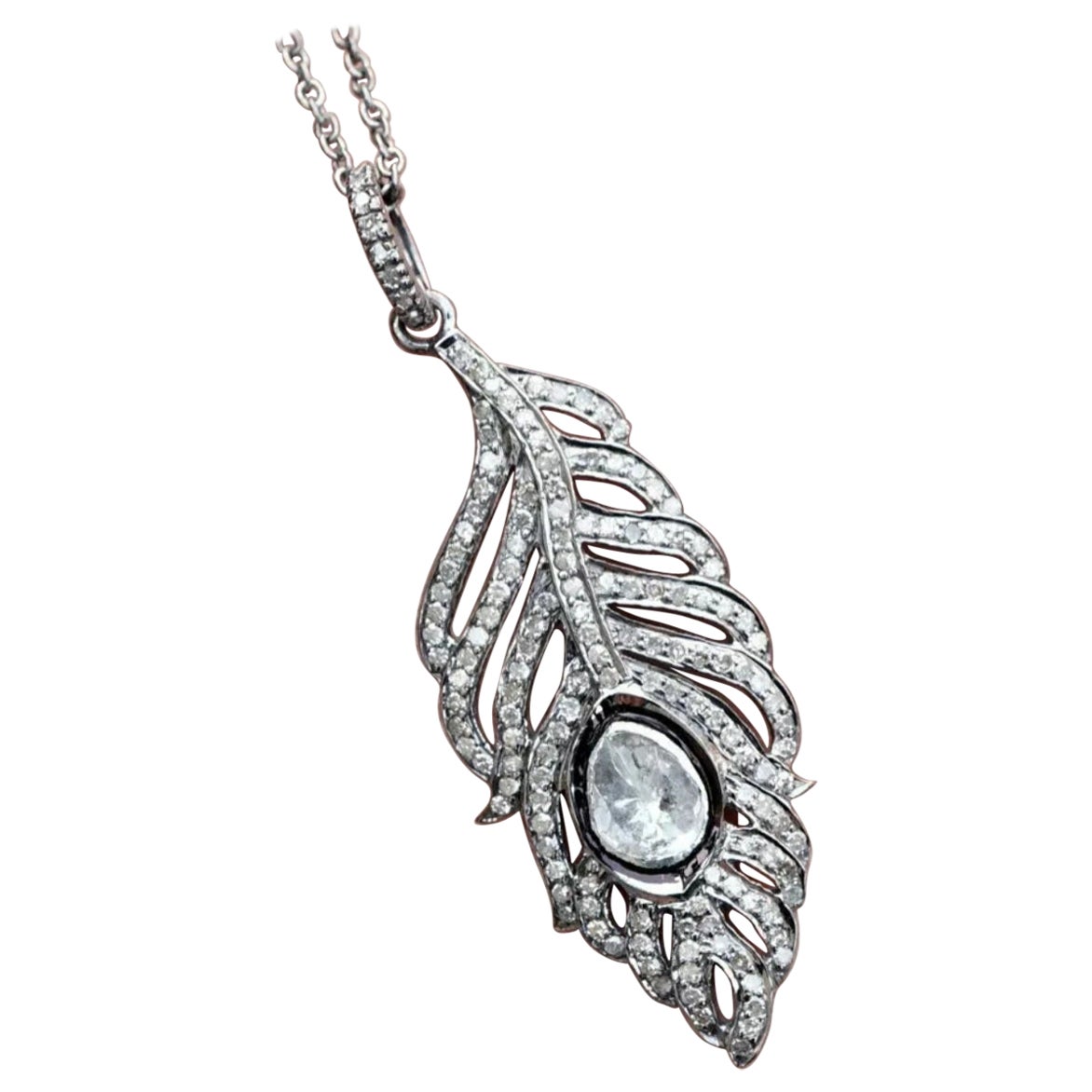 Genuine Pave Diamond 925 Silver Polki Feather Pendant Handmade Jewelry Gift.