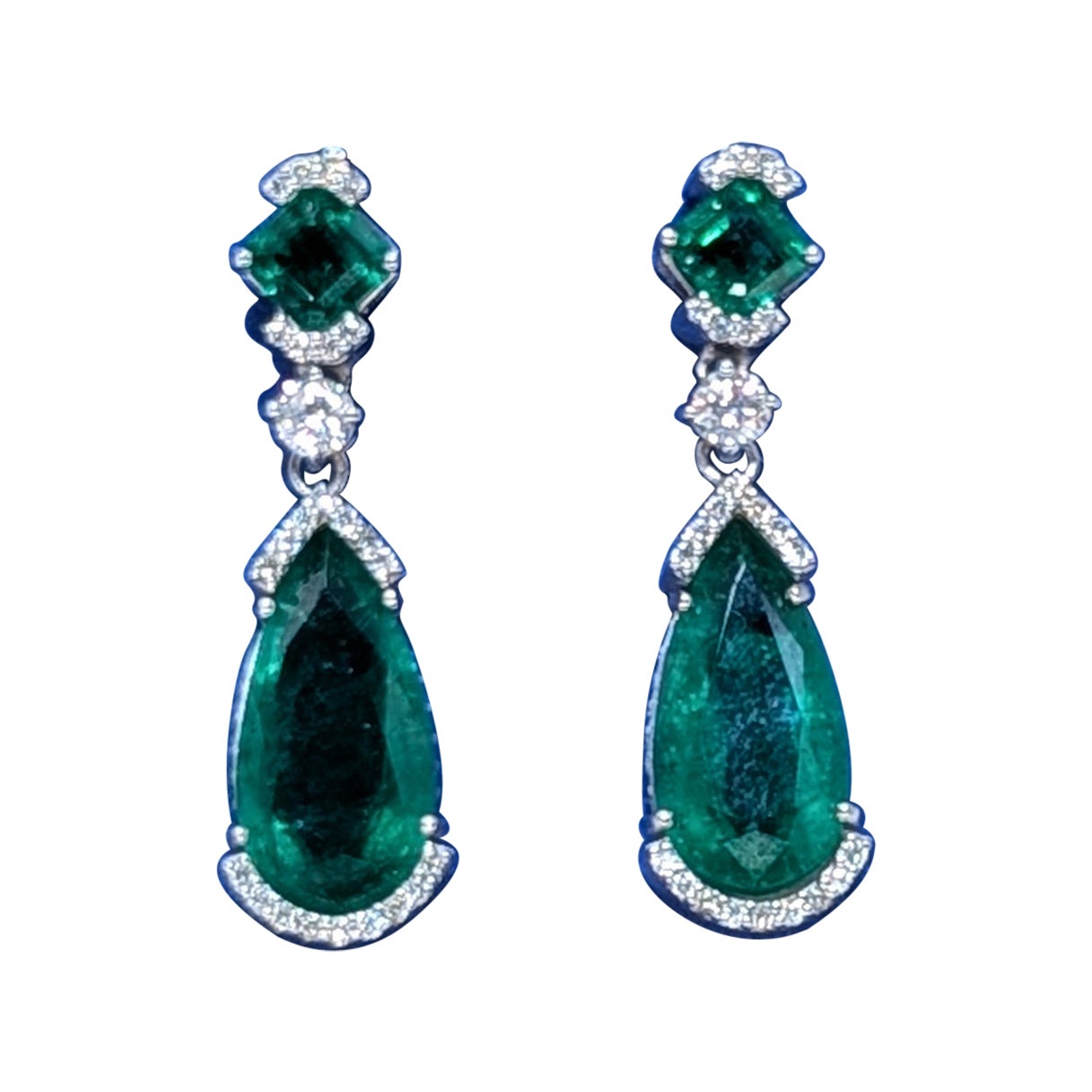 Emerald and Diamond 14K White Gold Dangling Earrings