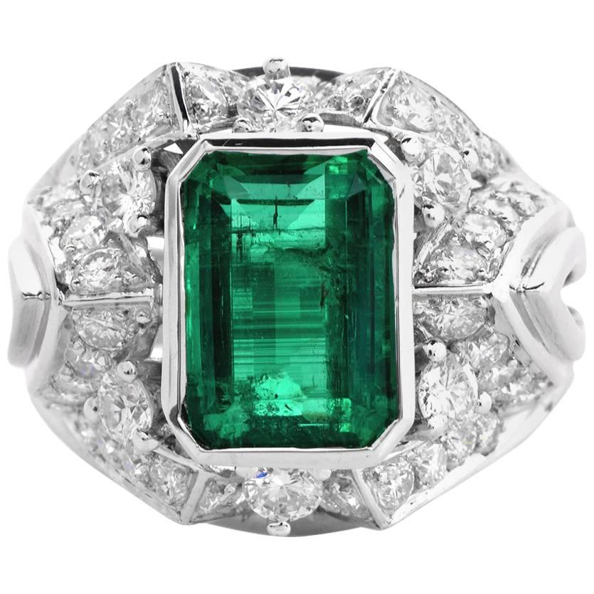 1960s GIA Certified   Emerald Diamond Cocktail Ring