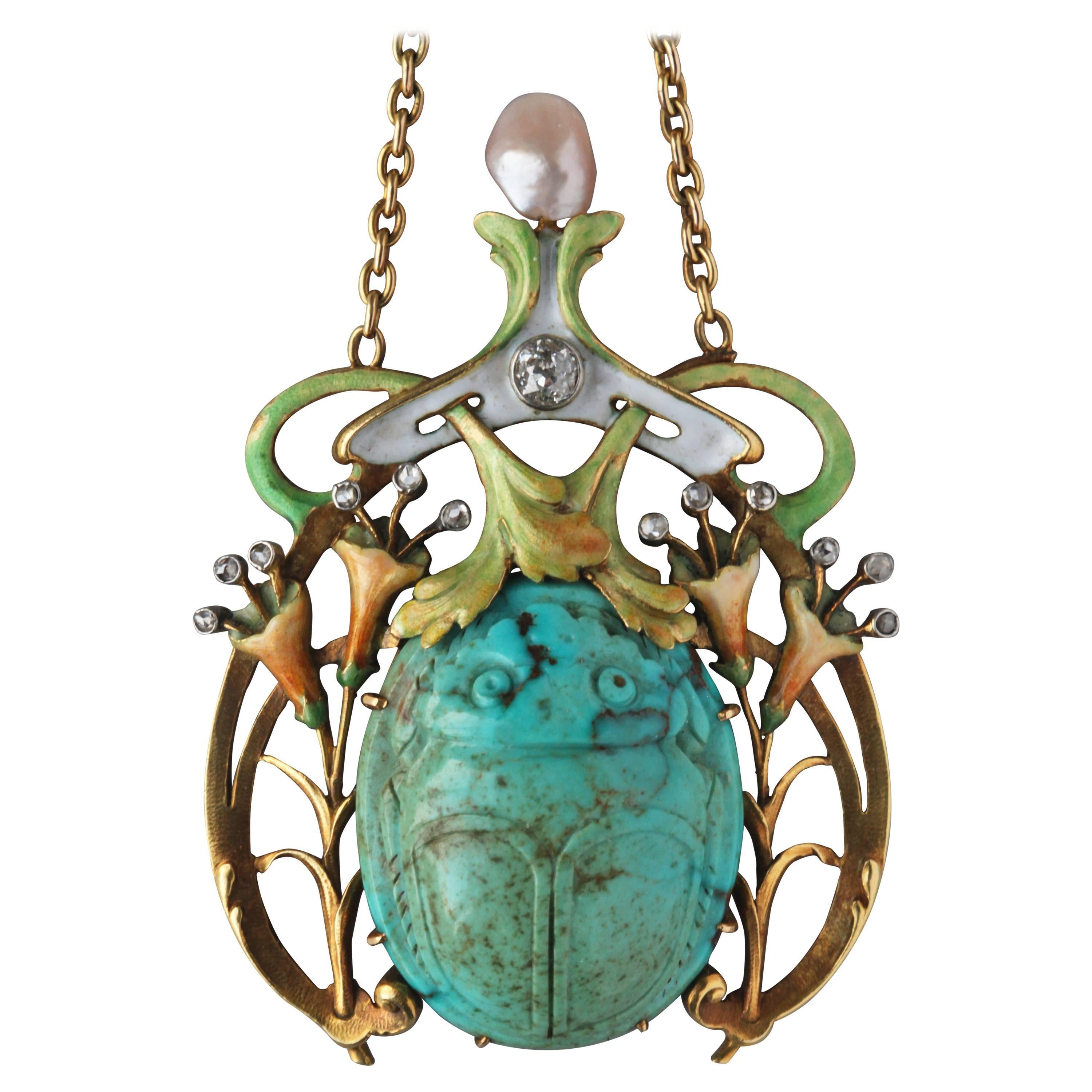 Guillemin Frères Fin de Siècle Enamel Turquoise Pearl Diamond Gold Necklace For Sale