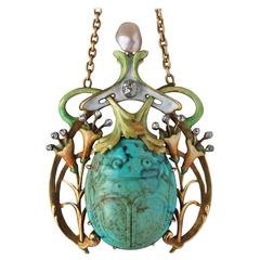 Guillemin Frères Fin de Siècle Enamel Turquoise Pearl Diamond Gold Necklace 12