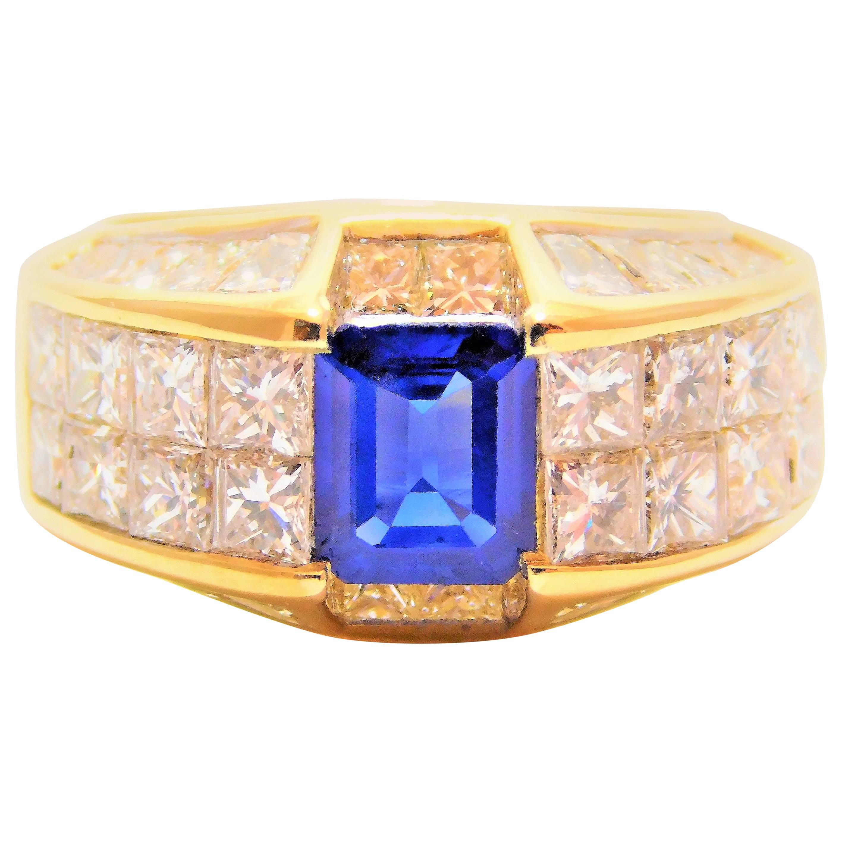 Emerald-Cut Sapphire and Rare Quadrillion-Cut Diamonds Gold Ring 