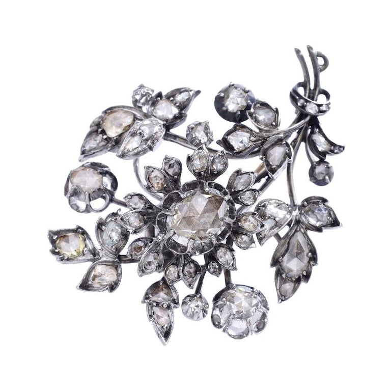 Rose-Cut Diamond Silver and White Gold Flower Brooch 1890S For Sale