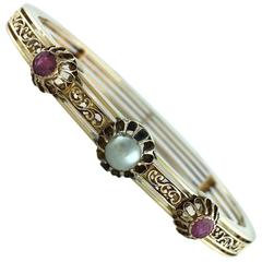 Early 20th Century Ruby Pearl Gold Bangle Bracelet 9