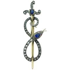 Antique Caduceus Arrow and Snake Sapphire Rose-Cut Diamond Silver Gold Brooch