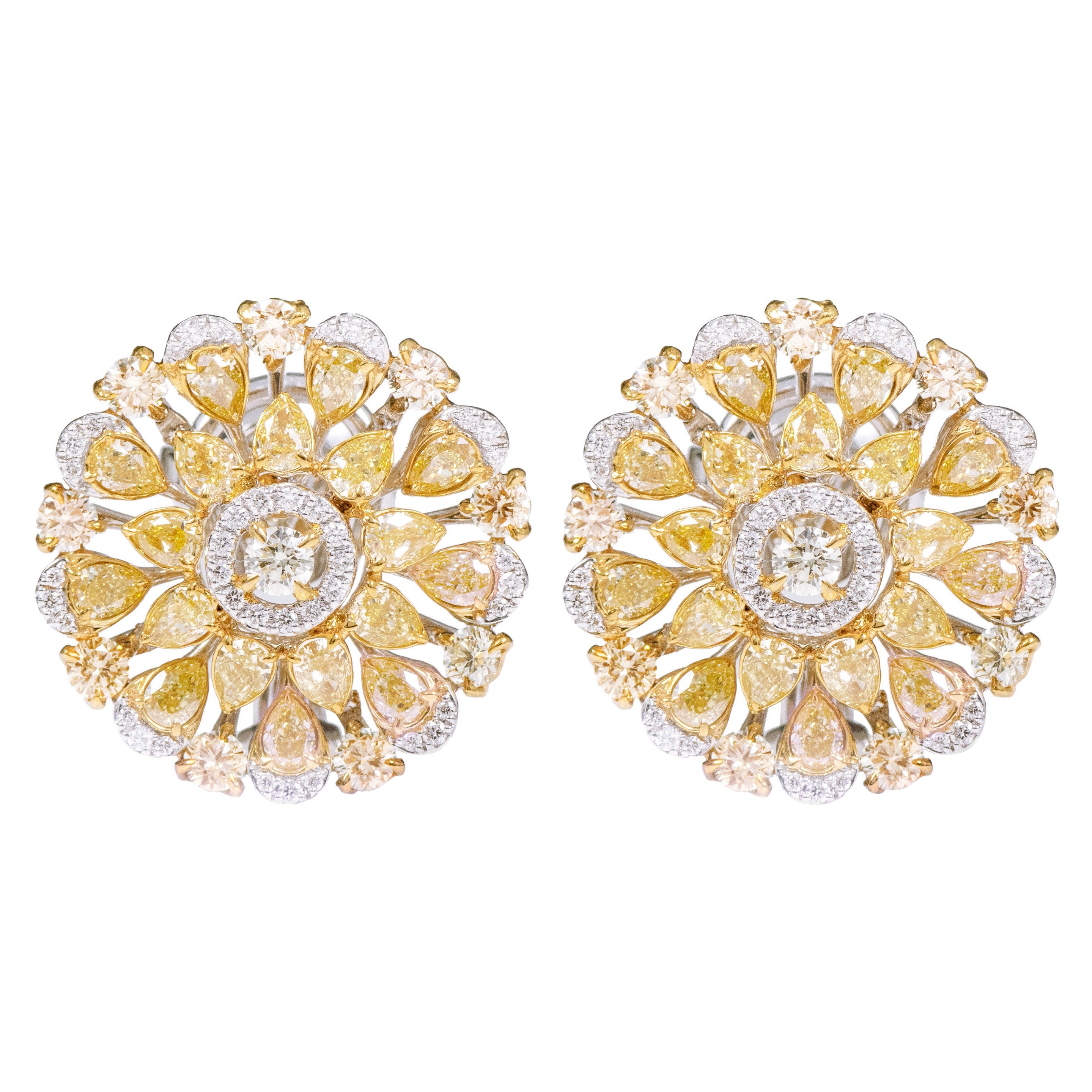 18 Karat Gold 5.69 Carat Fancy Yellow and White Diamond Solitaire Stud Earrings