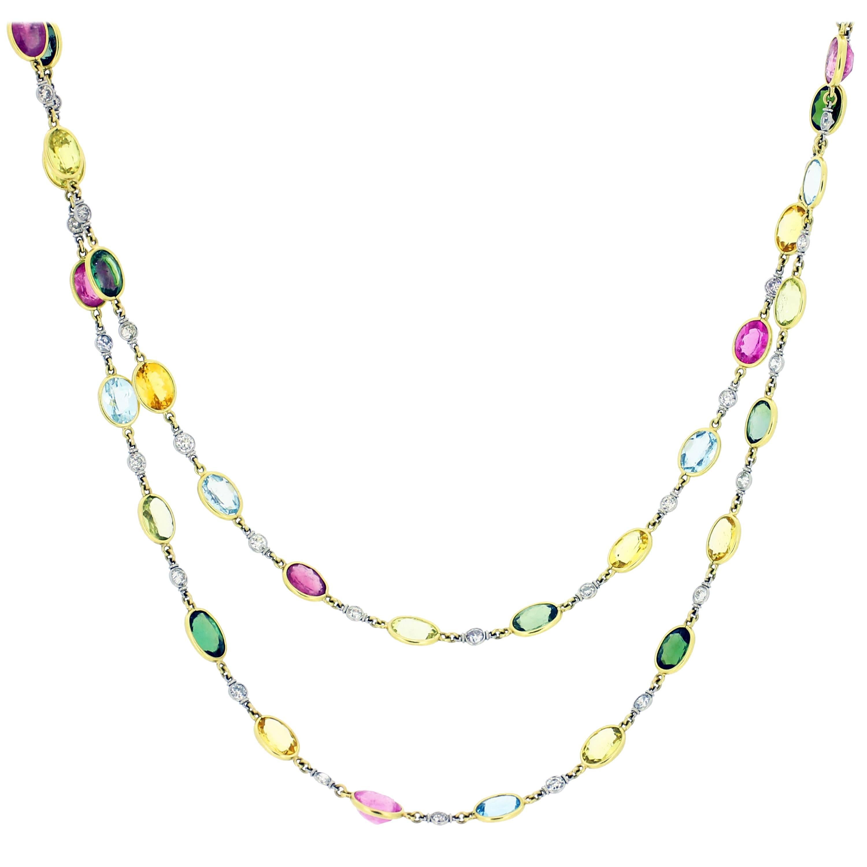Multicolour Sapphire Diamond Spectacle Set Long Chain Necklace For Sale