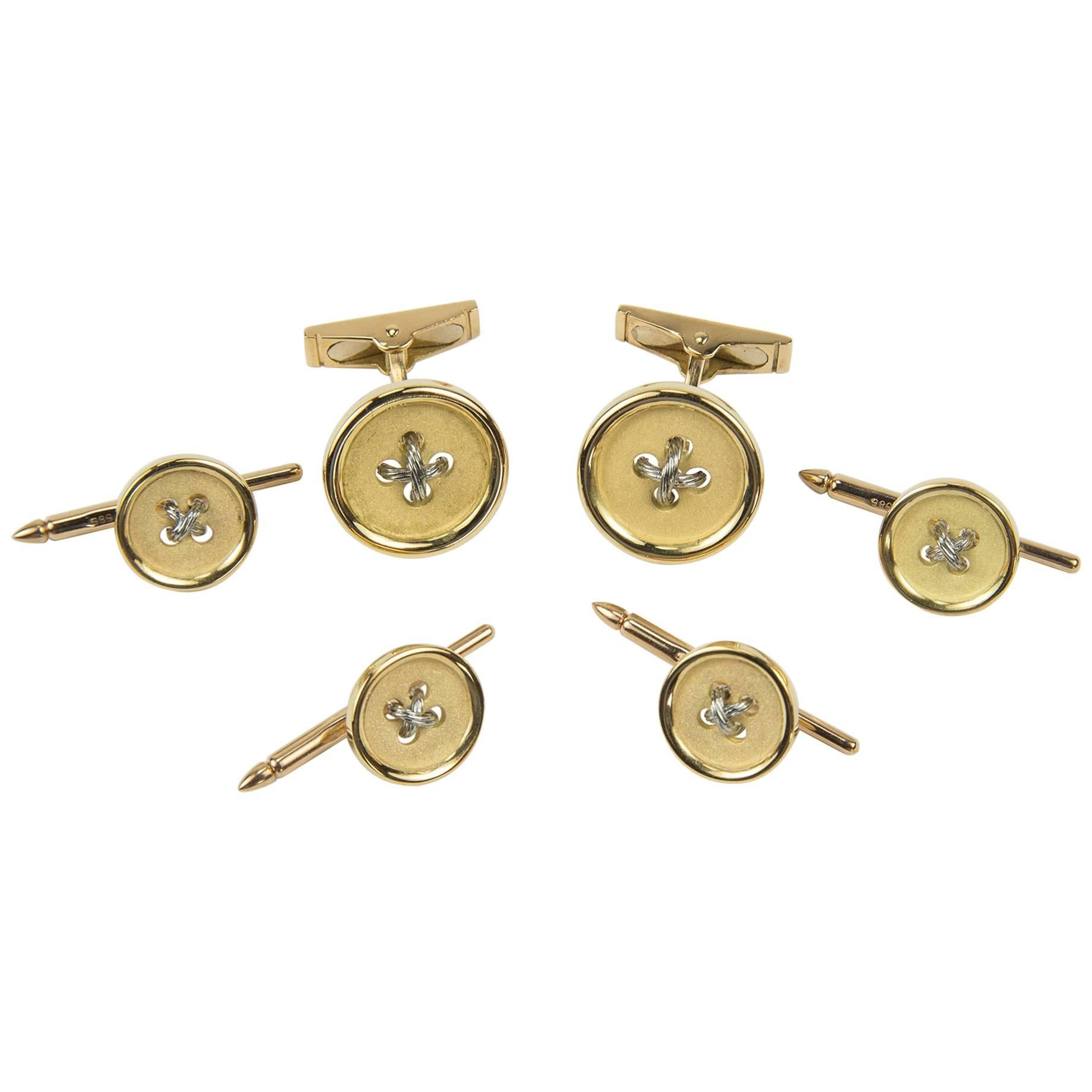Modern Button Cufflink and Matching Shirt Stud Gold Dress Set Estate Fine Jewelry For Sale