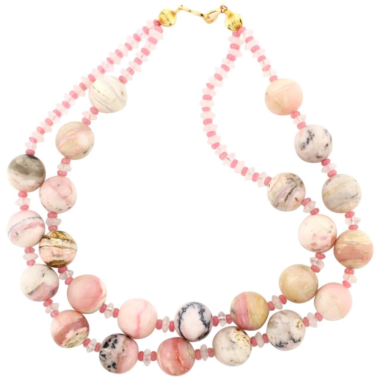 AJD Super Chic Double Strand Peruvian Opals and Rose Quartz Necklace For Sale