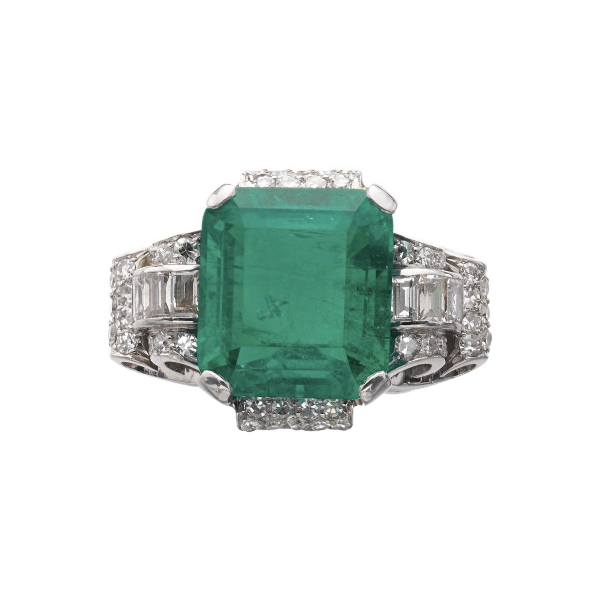 Colombian Emerald & Diamond Scroll Ring, GRS & AGL Certified