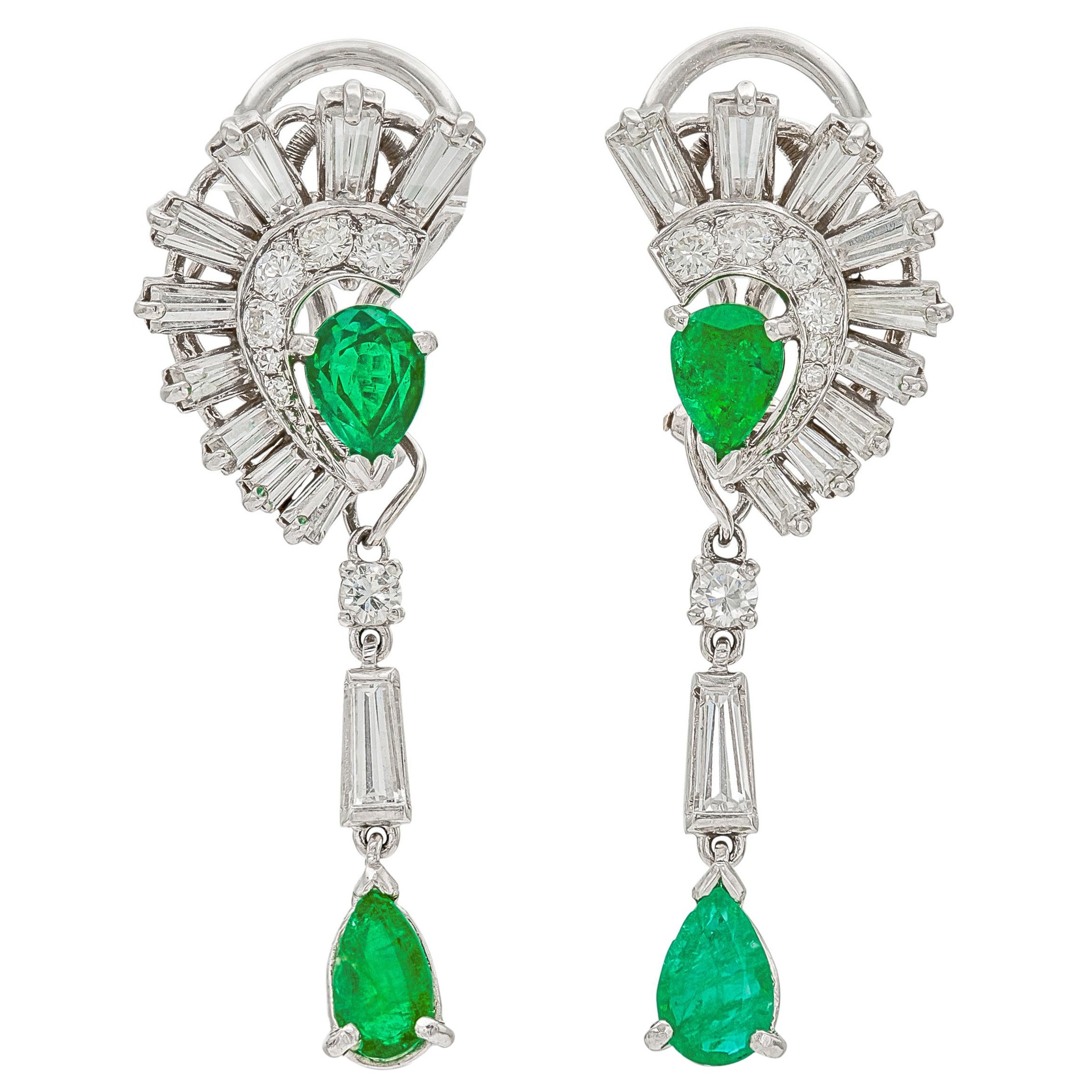 Vintage 1950s 2.00 Carat Emerald and 2.50 Carat Diamond Dangle Earrings