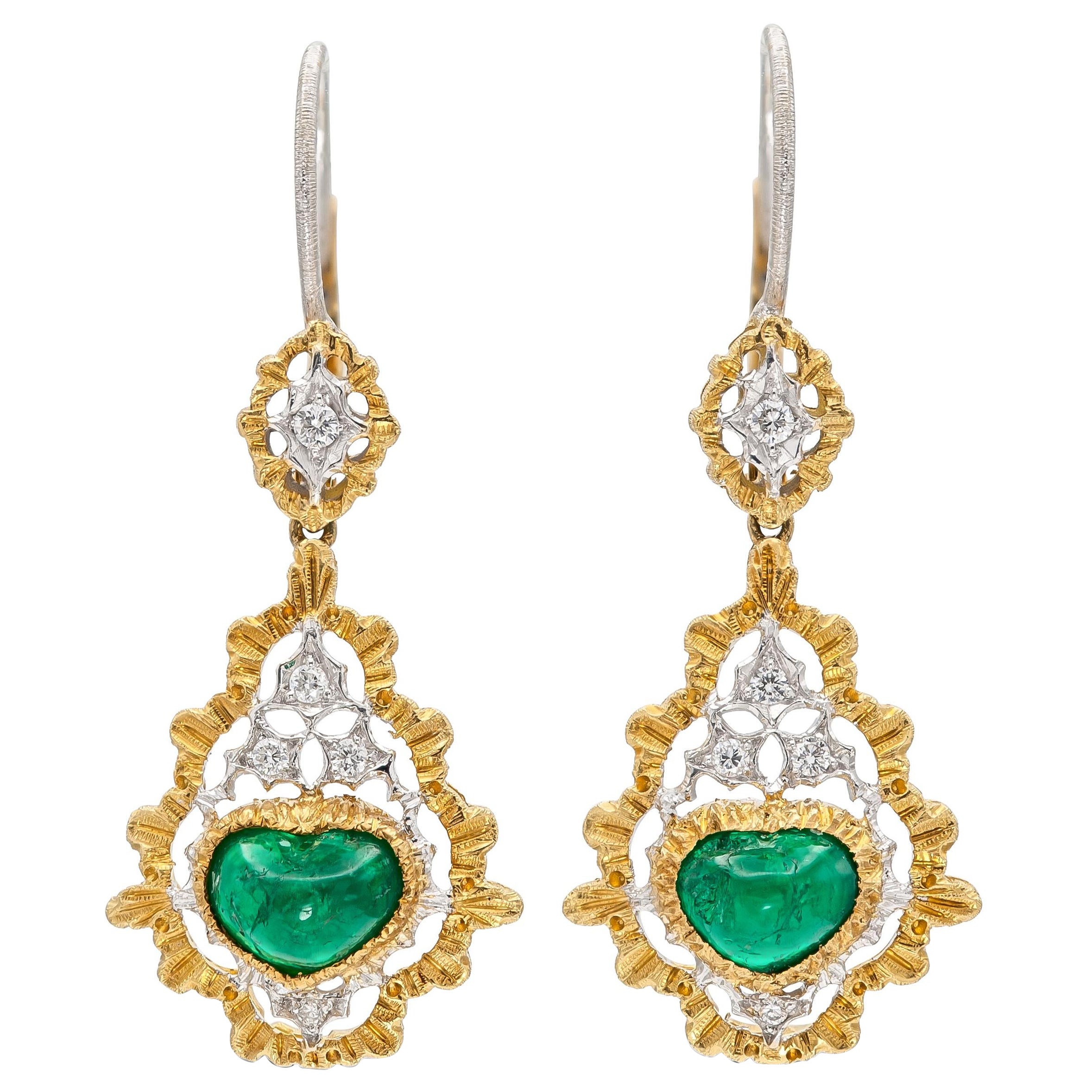 Buccellati Rombi Earrings with Heart-Shaped Cabochon Emeralds