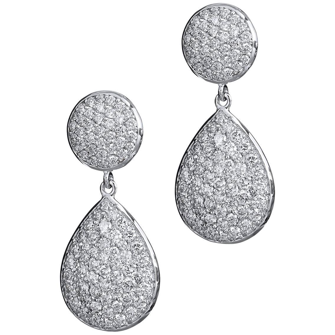 Diamond Pave Drop Earrings 4.05 Carat 18 Karat White Gold Earrings For Sale