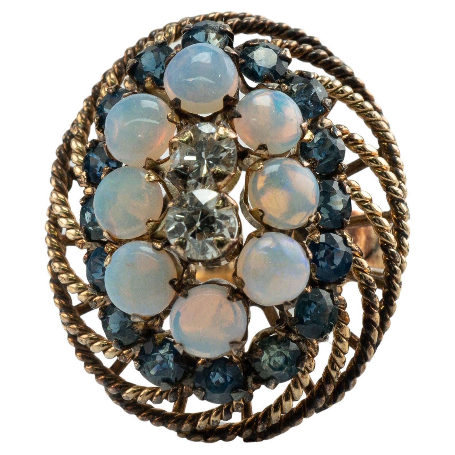 Opale naturale Zaffiro Diamanti Anello in oro 14K Cocktail Vintage