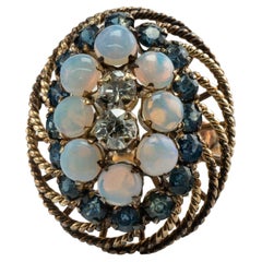 Opale naturale Zaffiro Diamanti Anello in oro 14K Cocktail Vintage